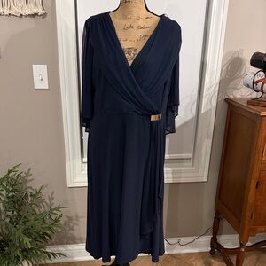 R & M Richards Navy Blue Midi Dress with Gold Accent